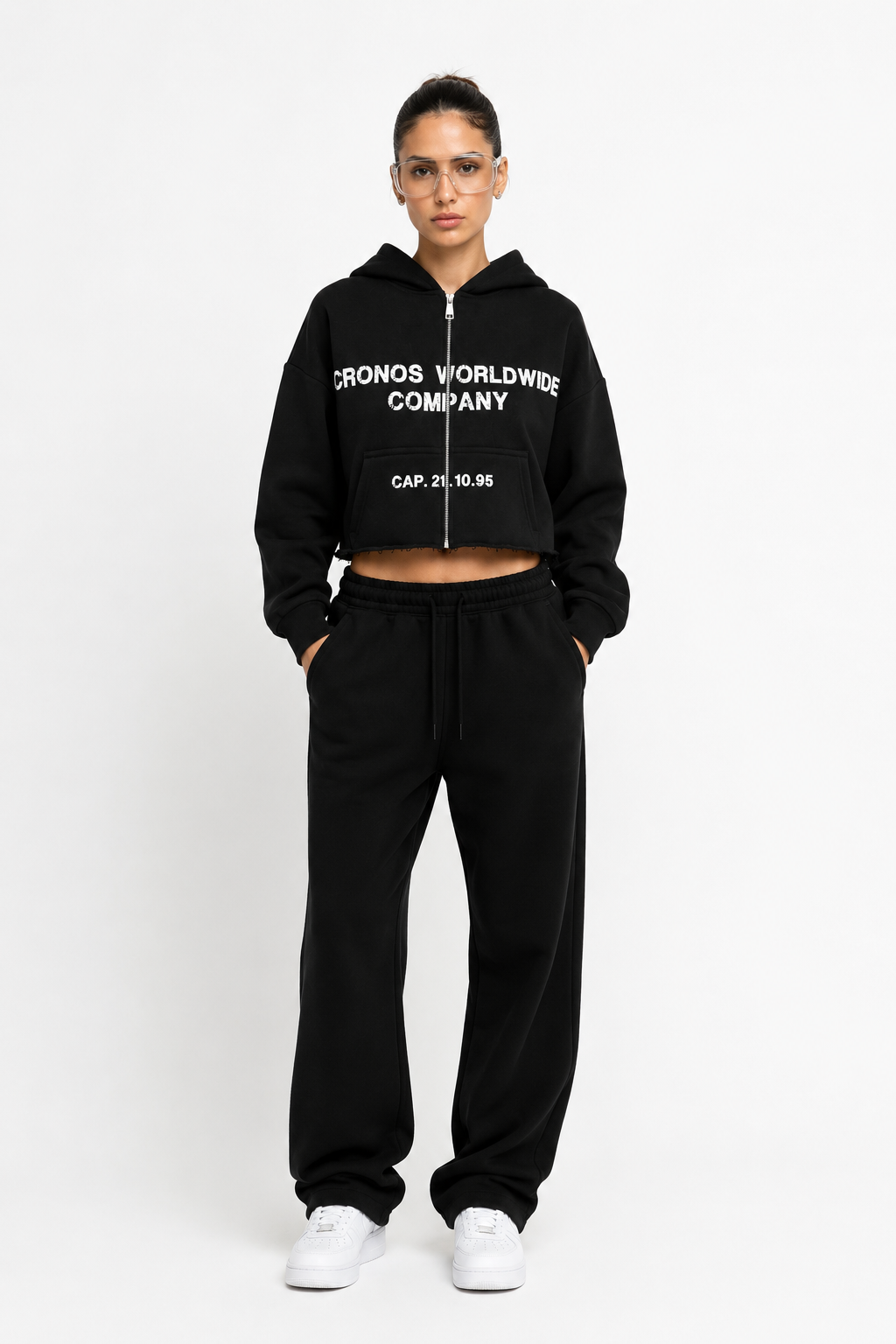 Hoodie Crop Negro con Cremallera para Mujer - CRONOS