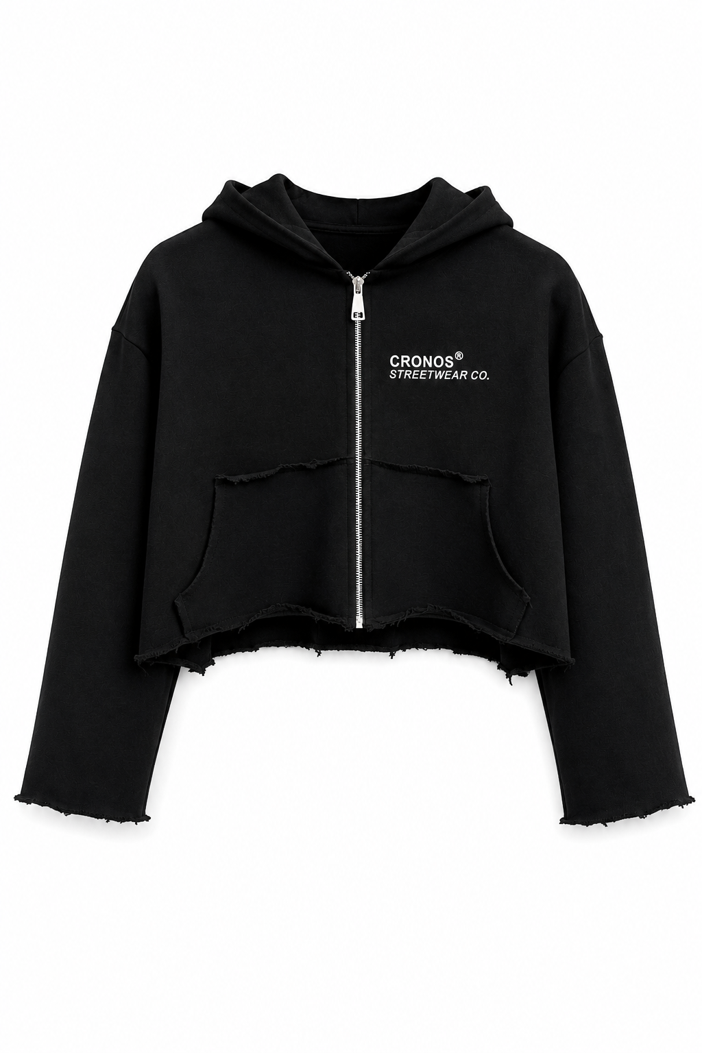 Hoodie Crop Negro con Cremallera para Mujer - CRONOS